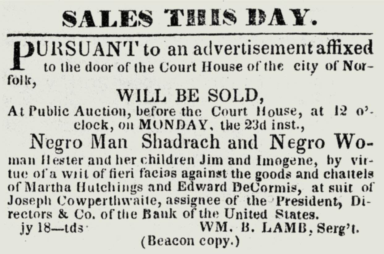Advertisement for sale of Shadrach Minkins